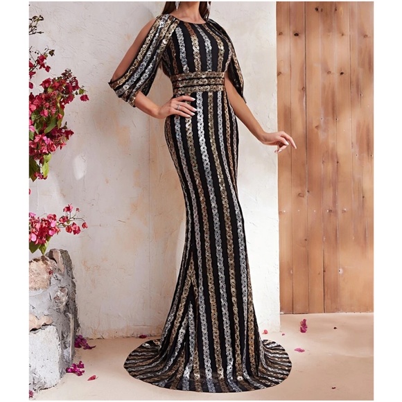 Luxe Cold shoulder sequin Evening Formal Black Tie Wedding Dress - Picture 3 of 9